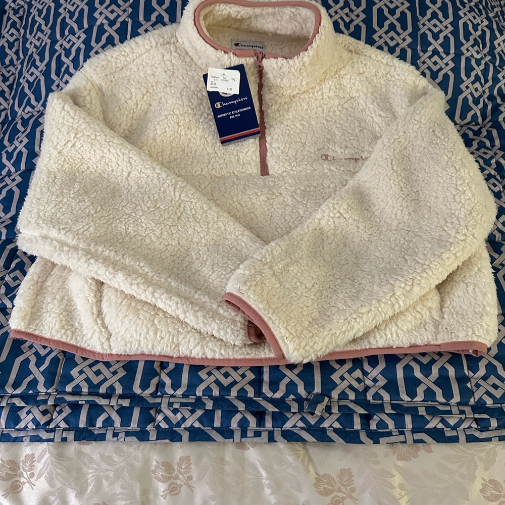 NWT Women’s Champion Cropped Quarter-Zip Fleece - Cream with Rose trim - Size M